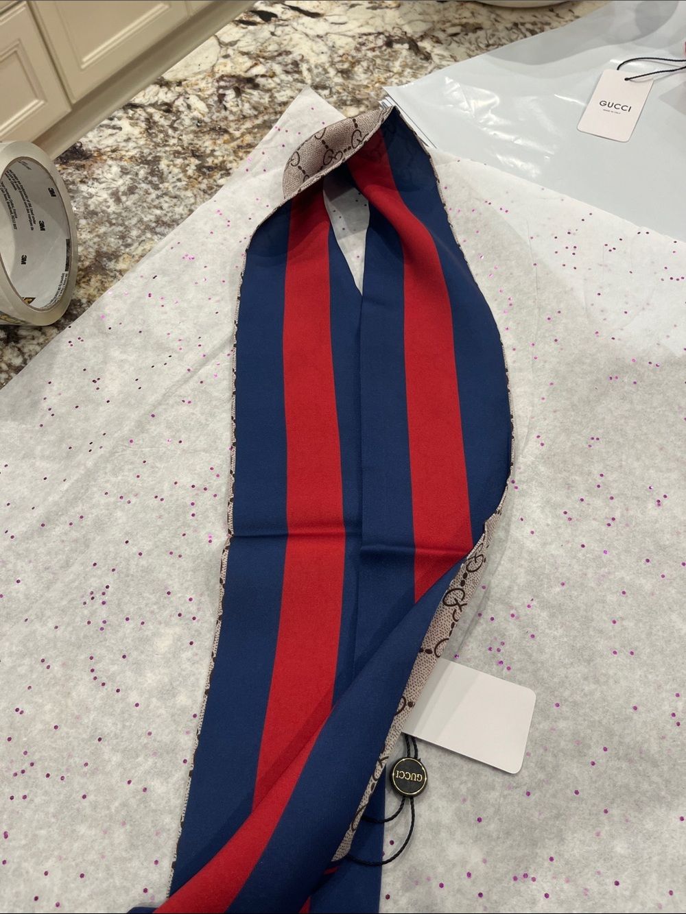 Gucci Blue & Red Striped Silk Tie with Beige GG Monogram - Picture 4 of 4